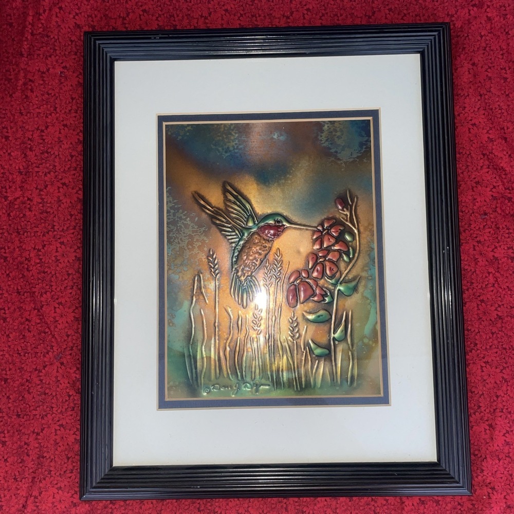 Don J. Dye Repousse Art Hummingbird Hammered Metal Copper Painted 15x12" Frame - Picture 1 of 8